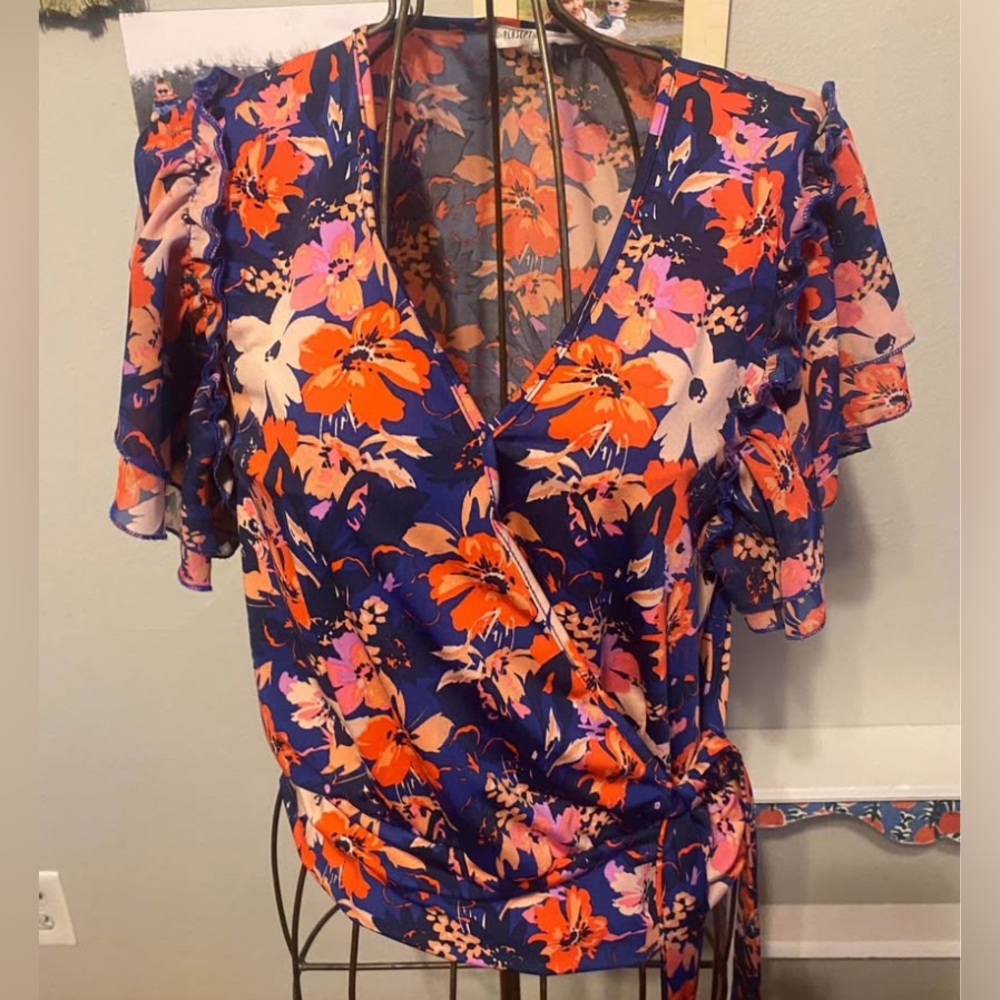 Perseption Blue and Orange Wrap Blouse with Flutter Sleeves